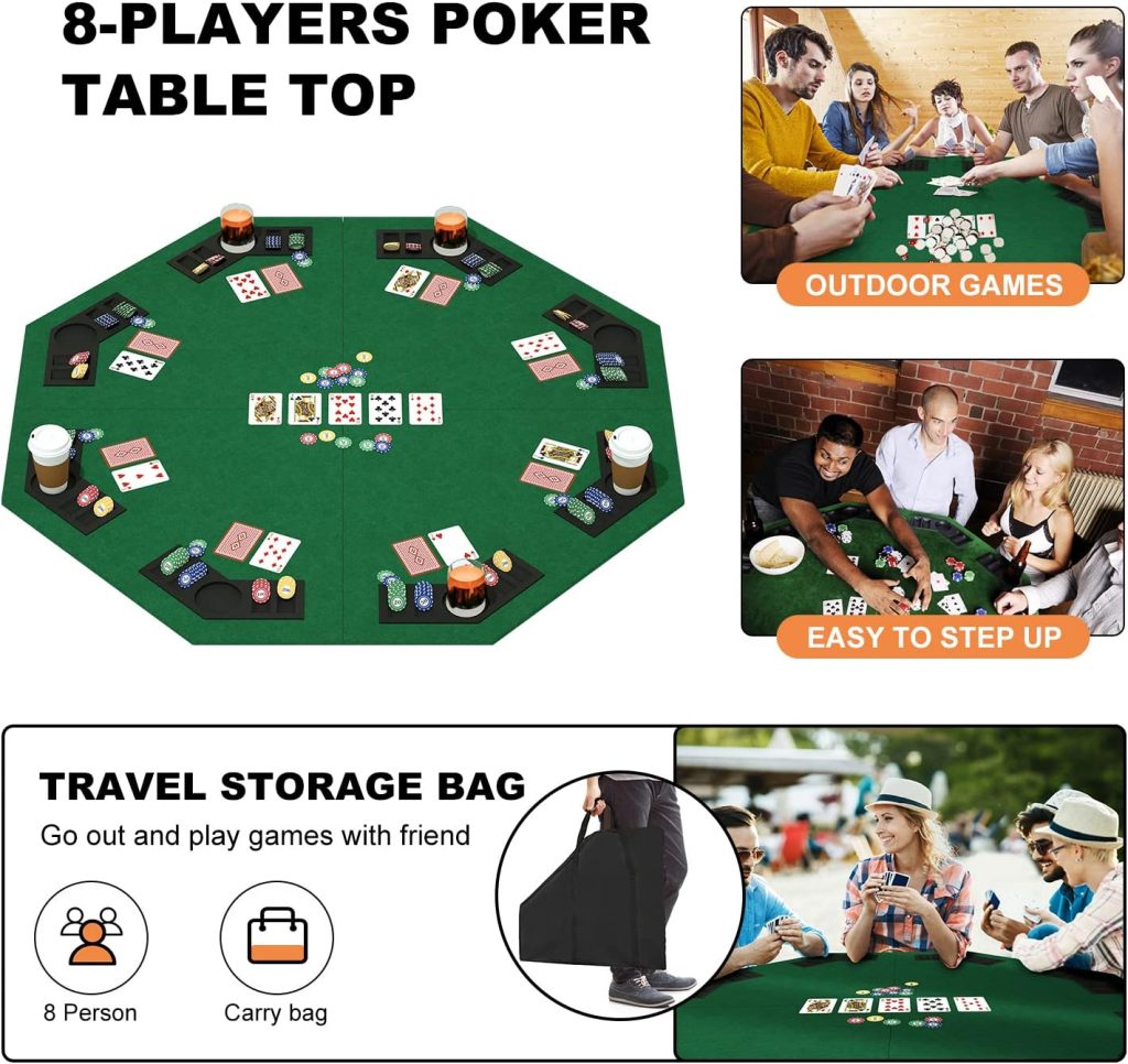 48 Inch Foldable Poker Table Top for 8 Players, Octagon Poker Table Topper with Chips Tray  Cup Holders, Professional Texas Hold’em Poker Table Mat Layout with Carrying Bag for Card Casino Games