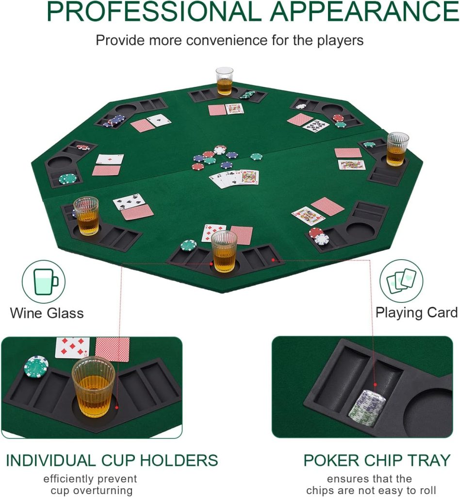FURUISEN 48 Foldable Poker Table Top, 8-Player Texas Traveller Wood Table Top Poker Layout, Portable Anti-Slip Blackjack Poker Table Mat with Cup Holders for Family Games Casino