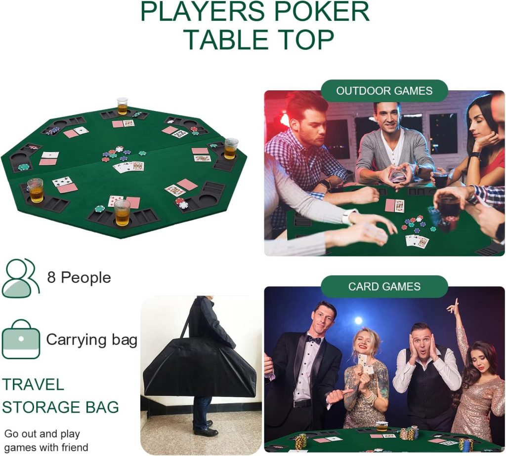 FURUISEN 48 Foldable Poker Table Top, 8-Player Texas Traveller Wood Table Top Poker Layout, Portable Anti-Slip Blackjack Poker Table Mat with Cup Holders for Family Games Casino