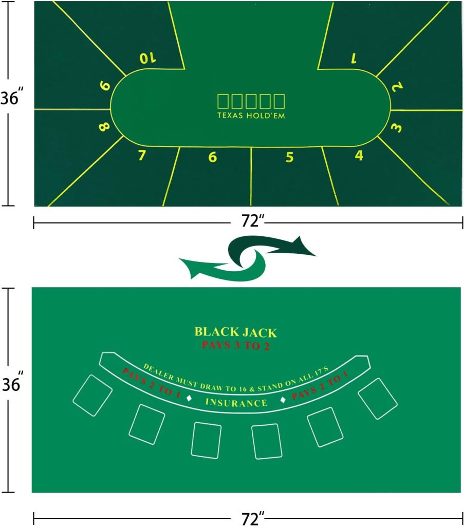Poker Table Topper Blackjack Set – play Casino Games using the Texas Holdem Poker Set on Green Table Cloth or Black Jack Set on Green Felt Table Mat