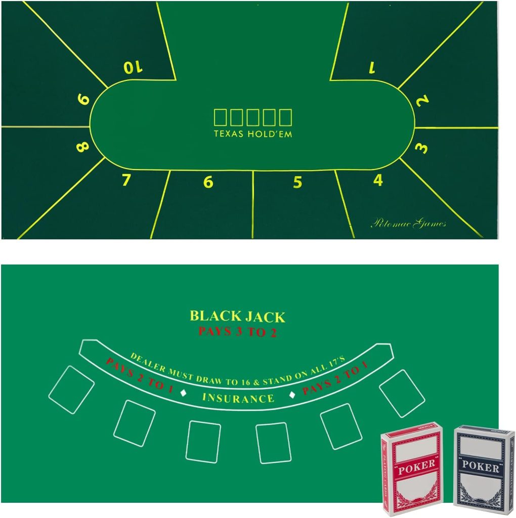 Poker Table Topper Blackjack Set – play Casino Games using the Texas Holdem Poker Set on Green Table Cloth or Black Jack Set on Green Felt Table Mat