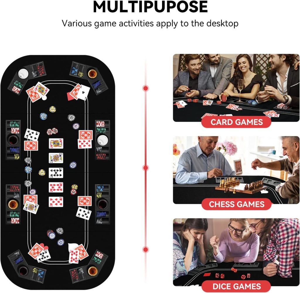 YUZPKRSI 3 in 1 Poker Table Top, Texas Holdem Poker Card Tabletop Layout with Reversible Black Felt, Foldable Poker Table Craps Mat with Cup Holders, Carrying Bag for Poker/Blackjack/Craps