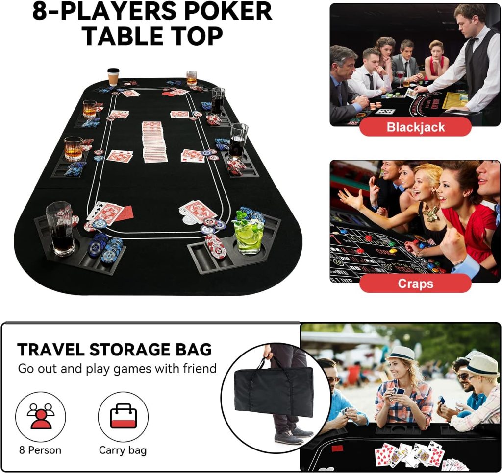 YUZPKRSI 3 in 1 Poker Table Top, Texas Holdem Poker Card Tabletop Layout with Reversible Black Felt, Foldable Poker Table Craps Mat with Cup Holders, Carrying Bag for Poker/Blackjack/Craps