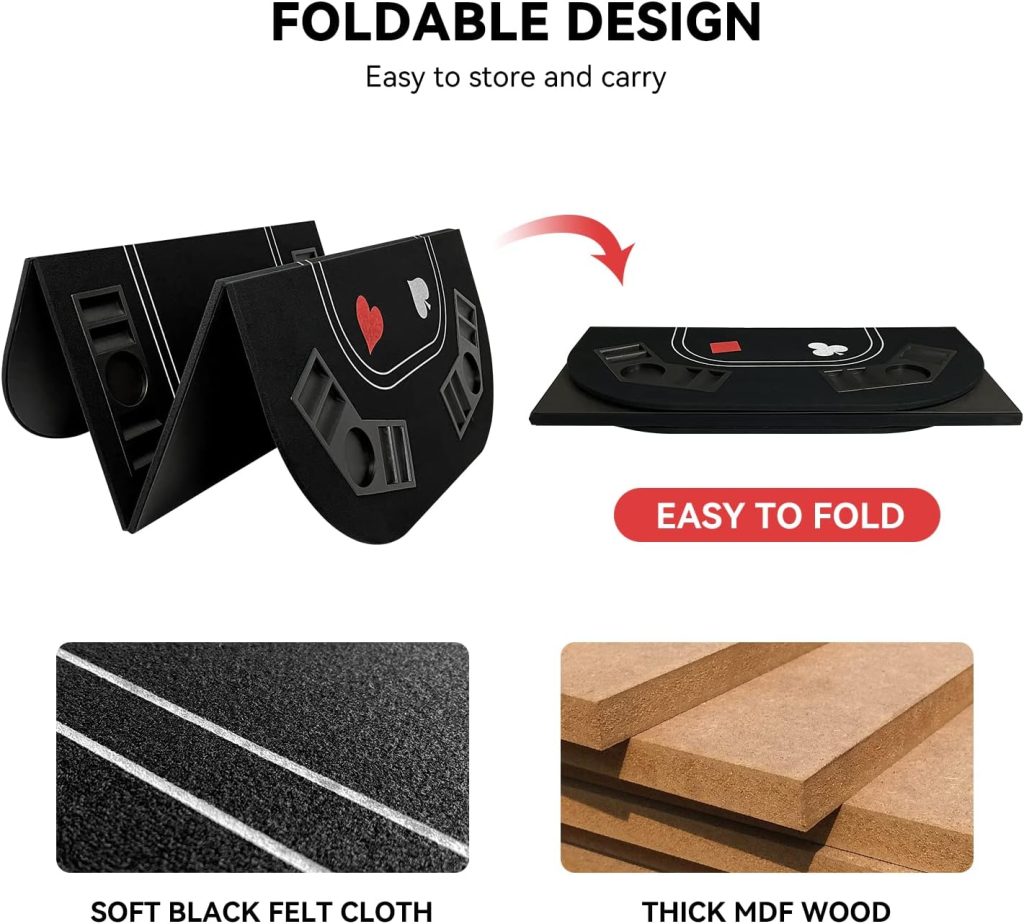 YUZPKRSI 3 in 1 Poker Table Top, Texas Holdem Poker Card Tabletop Layout with Reversible Black Felt, Foldable Poker Table Craps Mat with Cup Holders, Carrying Bag for Poker/Blackjack/Craps